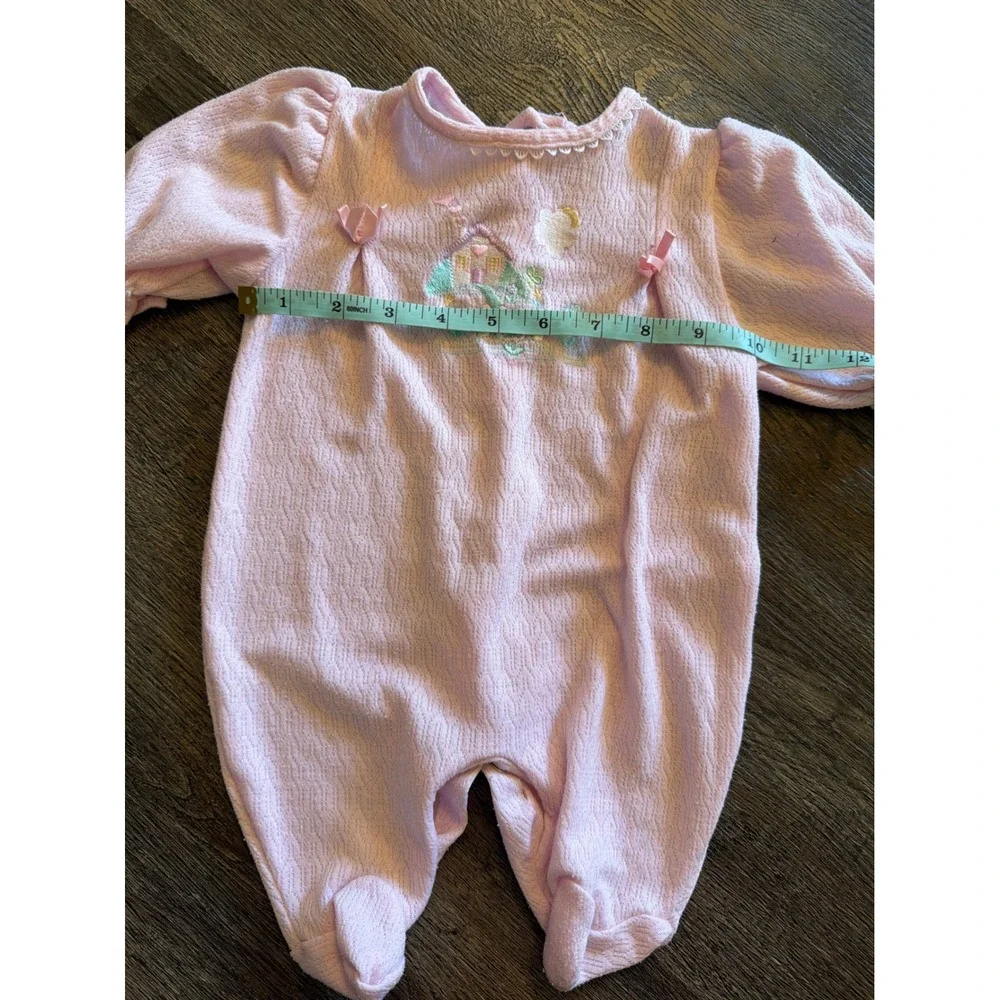 Vintage Pink Pointelle Baby Footed Sleeper Embroidered Cottage Lace Trim Pink 3m